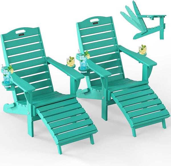 Ciokea Folding Adirondack Chair Set of 2 with Retractable Ottoman Fire Pit Patio Chair with Pull Out Foot Rest Weather - Photo 1