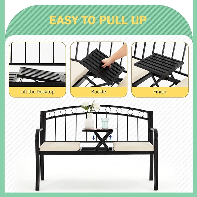 AVAWING Outdoor Metal Garden Bench, 2-Seat Patio Porch Bench with Steel Frame - Photo 6
