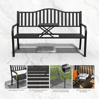 YLGJ&TIDY 50 Inches Garden Benches for Outdoor Patio Bench with Stripe Pattern Backrest Armrest Weatherproof Park Benches Metal Bench for Garden Park Porch Lawn Yard (BENCH04)