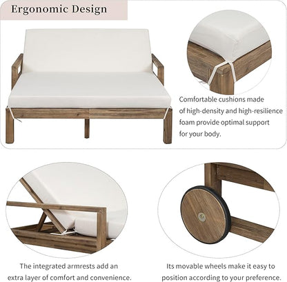 Farmhouse Wooden Outdoor Sunbed,Ultimate Relaxation Patio Daybed Seating with Adjustable Backrest and Movable Wheels,for Poolside Garden Backyard (Beige@Daybed)
