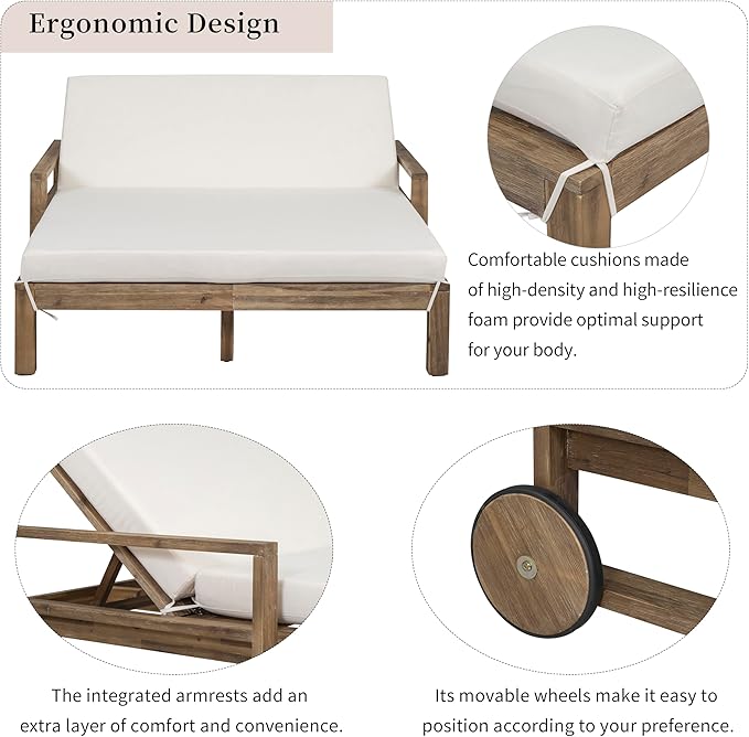 Acacia Wood Outdoor Patio Daybed Sunbed with Movable Wheels - Photo 6