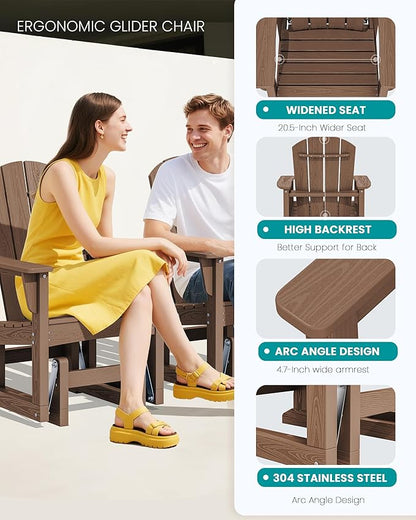 SERWALL Outdoor Glider Chair, HDPE Patio Glider Rocker All-Weather Porch Glider for Outside, Brown