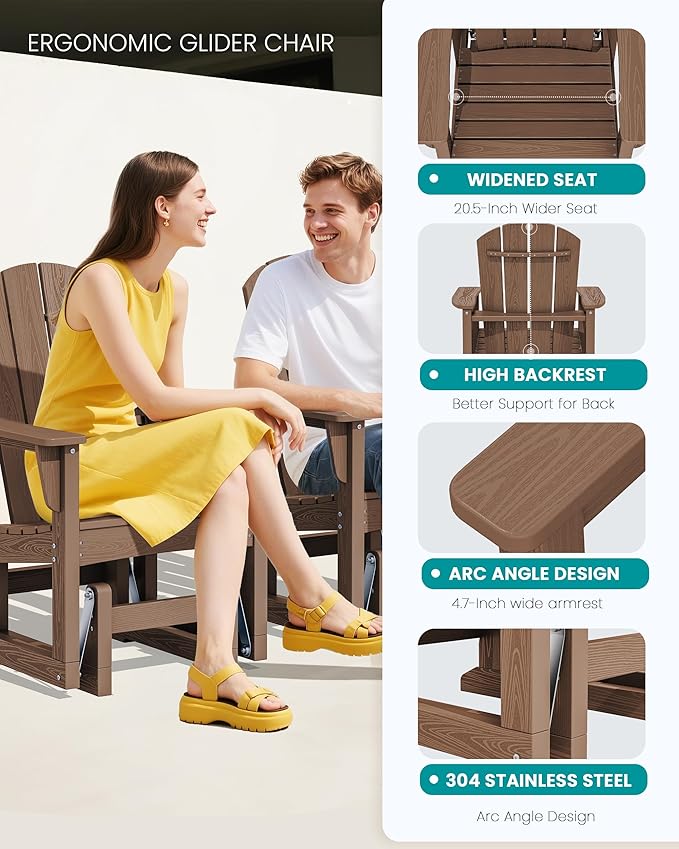 SERWALL Outdoor Glider Chair Set of 4, HDPE Wood-Like Patio Glider Rocker All-Weather Porch Glider for Outside, Brown - Photo 6
