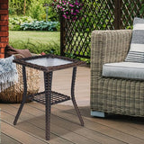 Outdoor Side Table with Storage Wicker Patio Side Table, Tempered Glass Top End Table for Balcony Porch Deck (Brown) - Photo 2