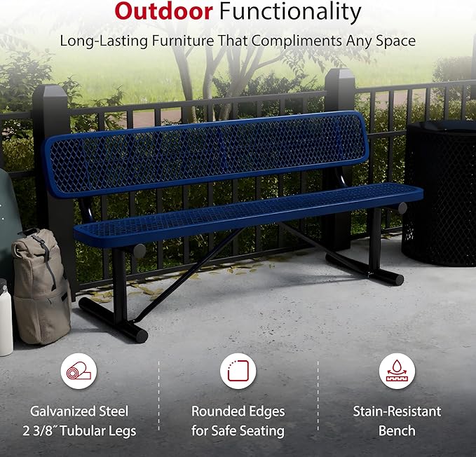 Leisure Craft Metal Outdoor Bench with Back - 6 Foot Heavy Duty Bench Seating for Garden, Porch, Picnic, Park, Expanded Metal, Thermoplastic Coating, Commercial Grade Furniture Made in USA - Navy