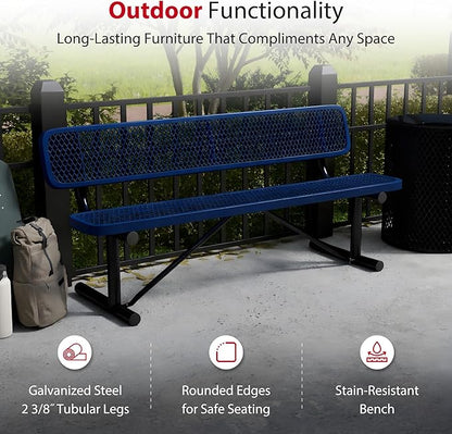 Leisure Craft Metal Outdoor Bench with Back - 6 Foot Heavy Duty Bench Seating for Garden, Porch, Picnic, Park, Expanded Metal, Thermoplastic Coating, Commercial Grade Furniture Made in USA - Navy