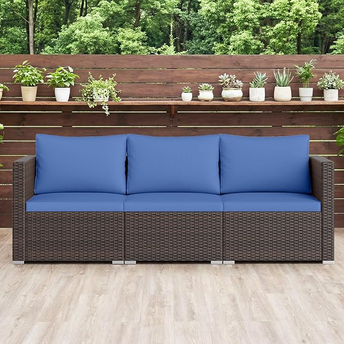 Tangkula 3 Seat Outdoor Wicker Sofa Set, Modular PE Rattan Patio Cushioned Sectional Couch Set, Outside Furniture Set for Deck, Backyard, Porch, Garden & Poolside (Brown-Navy)