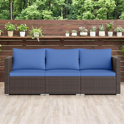 Tangkula 3 Seat Outdoor Wicker Sofa Set, Modular PE Rattan Patio Cushioned Sectional Couch Set, Outside Furniture Set for Deck, Backyard, Porch, Garden & Poolside (Brown-Navy)