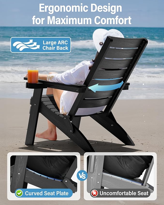 YEFU Adirondack Chair, Folding Adirondack Chairs Set of 2 with Arc Back & Cup Holder, Weather Resistant Plastic Oversized Chair for Outdoor Patio Lawn Garden Backyard Deck Fire Pit, Black