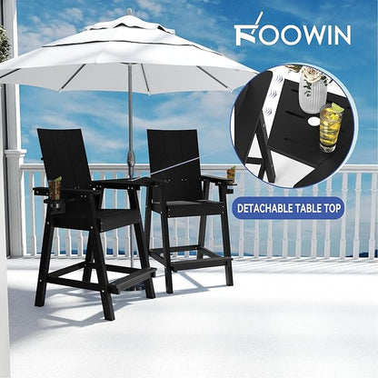 FOOWIN Tall Adirondack Chairs Set of 8,HDPE Adirondack Bar Stools with Connecting Tray & Cup Holders,Weather Resistant Balcony Chair for Outdoor Deck Lawn Pool Backyard Black