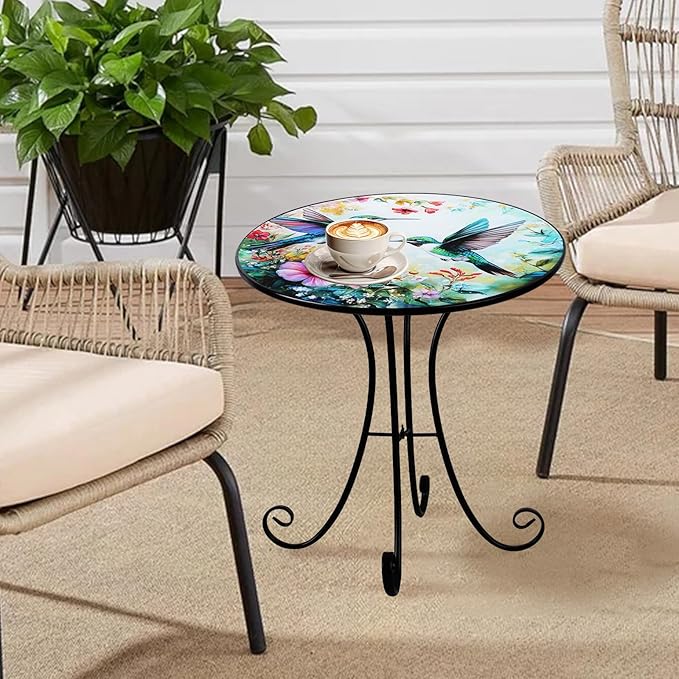Outdoor Side Table, Hummingbird & Flower Round Accent Table, 18" Metal Indoor Small End Tables, Plant Stand Tables for Patio Yard Balcony Garden Bedside