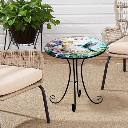 Outdoor Side Table, Hummingbird & Flower Round Accent Table, 18" Metal Indoor Small End Tables, Plant Stand Tables for Patio Yard Balcony Garden Bedside