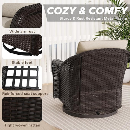 4 PCS Outdoor Conversation Set | 4 Swivel Chairs, 2 Side Tables, Patio Wicker Conversation Furniture with Removable Cushions for Bistro, Deck, Sunroom (Beige)