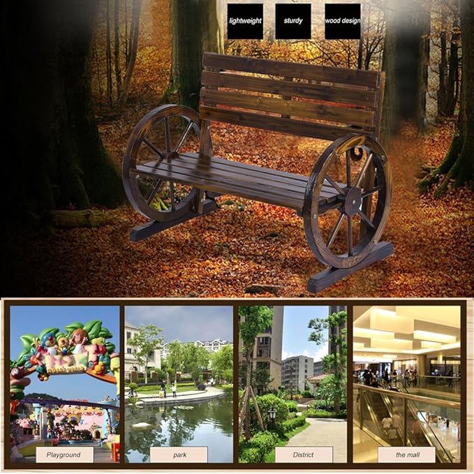 Patio Garden Wooden Wagon Wheel Bench, Rustic Wood Design Outdoor Wagon Wheel Bench Outdoor Furniture Decor (Tan Color)