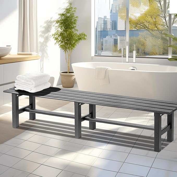 TECSPACE 71 Inches Aluminum Outdoor Weatherproof Bench Backless, 550 LBS Bearing Capacity Garden Porch Bench, Black