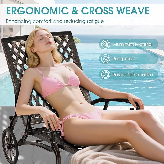 HOMEFUN Chaise Lounge Chair Outdoor, Poolside Lounger Set of 2 and 1 End Table - Cast Aluminum Tanning Chairs with Adjustable Backrest and Moveable Wheels, Bronze