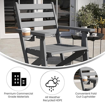 Flash Furniture Tolleson Adirondack Dining Chair with Cup Holder, Commercial Weather Resistant Recycled HDPE Adirondack Chair, Fold Out Cupholder, Gray