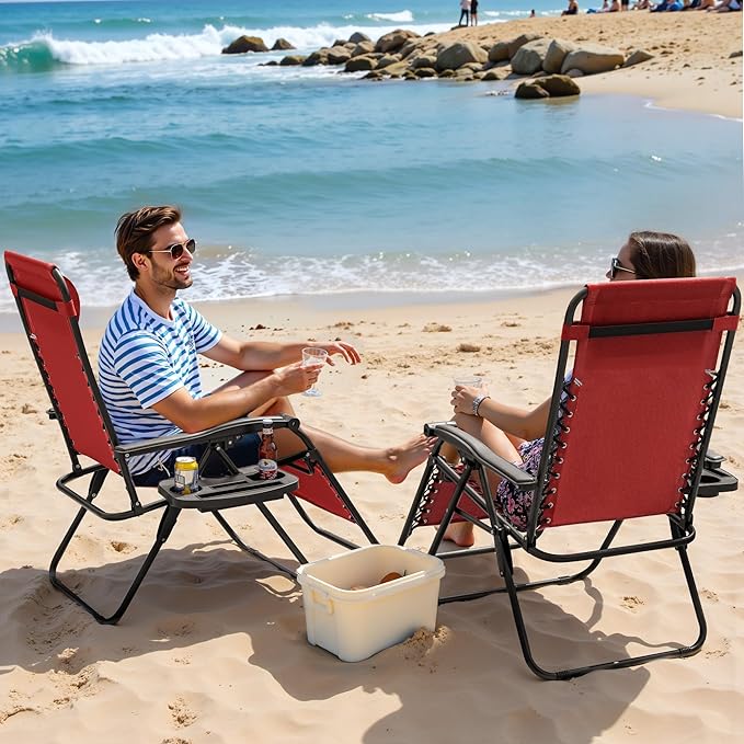Greesum Zero Gravity Chairs Set of 2 Adjustable Steel Mesh Recliners Beach Deck Lawn Camping Patio Foldable Lounge Chair with Cup Holder Trays and Pillows,Red