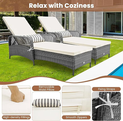 Tangkula Wicker Chaise Lounge Outdoor, Patio Rattan Reclining Chaise with 6-Gear Adjustable Backrest, Thick Padded Cushion & Removable Lumbar Pillow, Pool Lounge Chairs for Outside Balcony Backyard