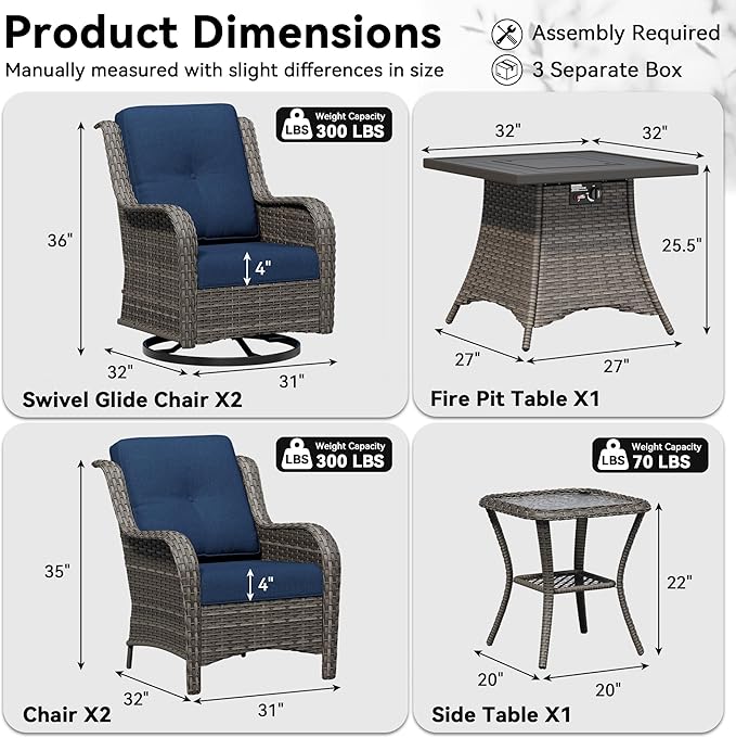 6 Pieces Outdoor Wicker Patio Furniture Set with Fire Pit Table, Patio Chair Set with Thickened Olefin Cushions - Photo 2