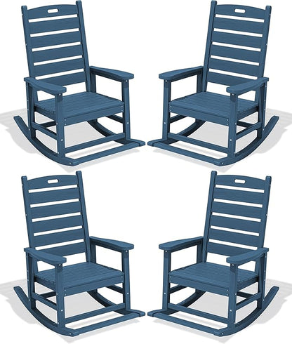 SERWALL Outdoor Rocking Chair Set of 4, Oversized HDPE Patio Rocking Chair with Footrest for Adults, All Weather Porch Rocker for Deck Patio Balcony, Navy