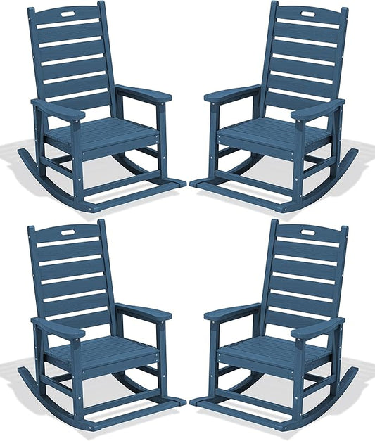 SERWALL Outdoor Rocking Chair Set of 4, Oversized HDPE Patio Rocking Chair with Footrest for Adults, All Weather Porch Rocker for Deck Patio Balcony, Navy