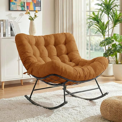 Cushioned Papasan Rocking Chair for Outdoor Indoor, Oversized Outdoor Rocking Chair with Cushion, Egg Rocker for Patio, Porch, Balcony, Lawn, Bedroom, Living Room, Dark Brown