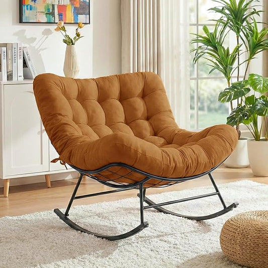 Cushioned Papasan Rocking Chair for Outdoor Indoor, Oversized Outdoor Rocking Chair with Cushion, Egg Rocker for Patio, Porch, Balcony, Lawn, Bedroom, Living Room, Dark Brown