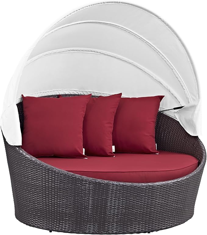 Modway Convene Wicker Rattan Outdoor Patio Retractable Canopy Round Poolside Sofa Daybed in Espresso Red