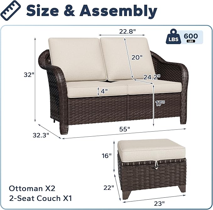 3 Pieces Patio sectional Sofa Set, Outdoor Conversation Furniture Set, 55" Patio Couch with 2 Ottomans - Photo 2