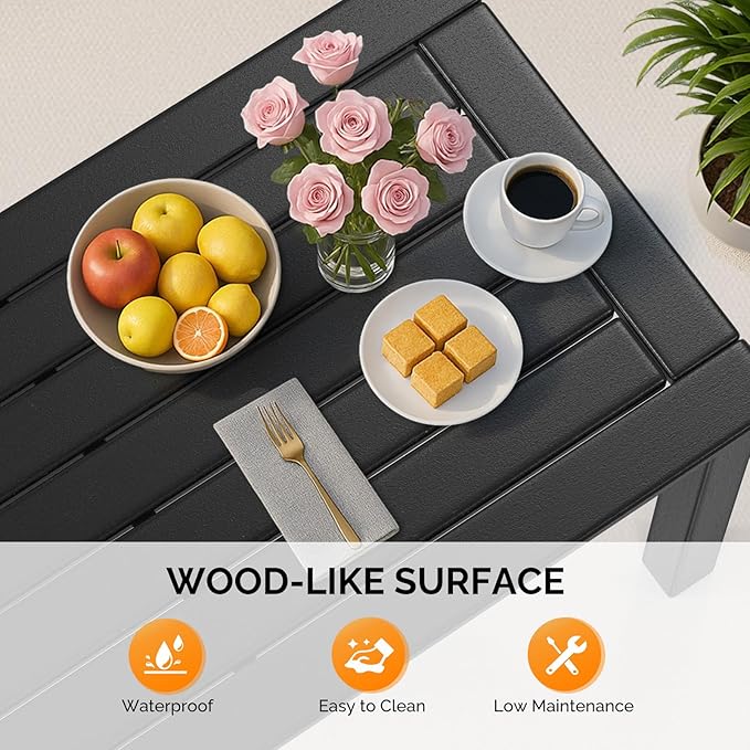 VINGLI Outdoor Coffee Table, HDPE Patio Coffee Table for Outside, All-Weather Rectangle Coffee Table for Deck, Garden, Balcony, Porch, Indoor & Outdoor Use (Black)