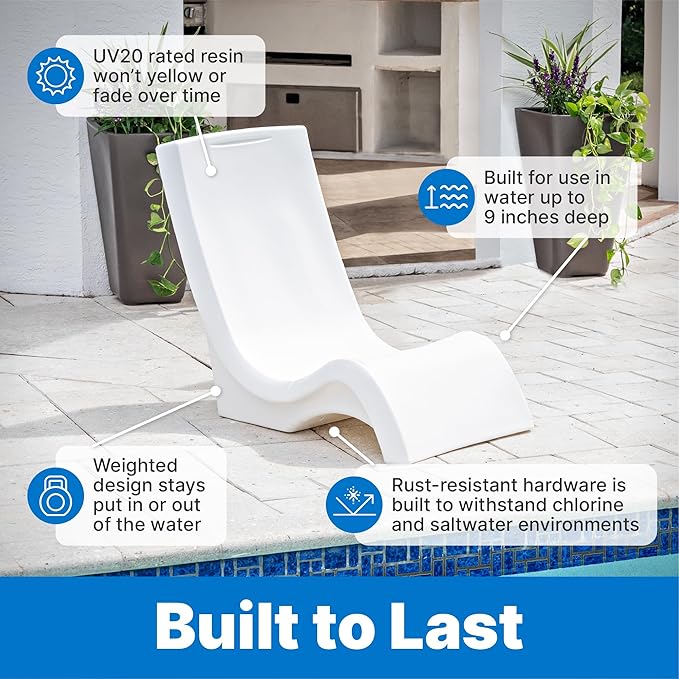 Step2 Vero Pool Chair, Fade-Resistant, Waterproof Patio Furniture for Sun Shelf, Use in Pools up to 9-Inches of Water, Weighted, White