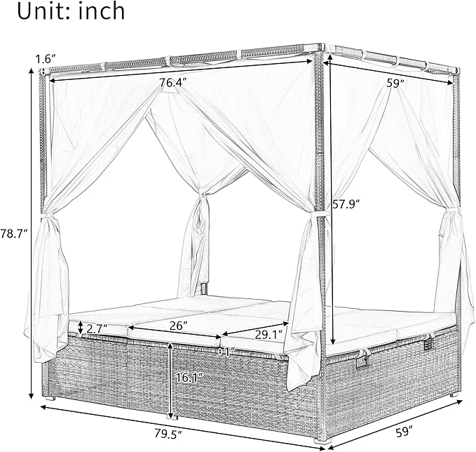 Merax Outdoor Patio Wicker Sunbed Daybed with Canopy, Overhead Curtains, Cushions, Lounge Chairs with Adjustable Seats - Photo 6