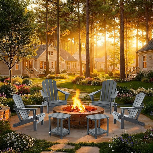 Folding Outdoor Adirondack Chairs Set of 4 with HDPE Side Tables-Plastic Weather Resistant Patio Chairs with Small Outdoor Side Tables 2 Storage for Patio,Fire Pit, Garden and Backyard