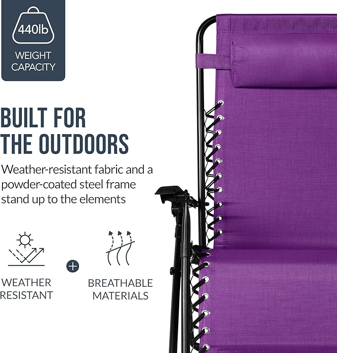 Best Choice Products Set of 2 Extra Wide Adjustable Steel Mesh Zero Gravity Lounge Chair Recliners w/Pillows and Cup Holder Trays - Amethyst Purple