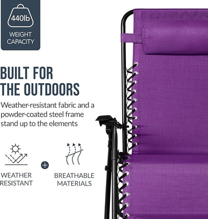 Best Choice Products Set of 2 Extra Wide Adjustable Steel Mesh Zero Gravity Lounge Chair Recliners w/Pillows and Cup Holder Trays - Amethyst Purple