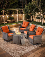 Outdoor Patio Swivel Gliders with Fire Pit Table 5 Piece Set - High Back Brown Wicker Rattan Rocking Chair with Thick - Photo 6