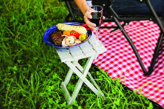 Camco Aluminum Small Outdoor Side Table - Folding Camping Table Supports Up to 130lb - Features Durable Aluminum Construction - Collapses for Easy RV Storage - (51890)