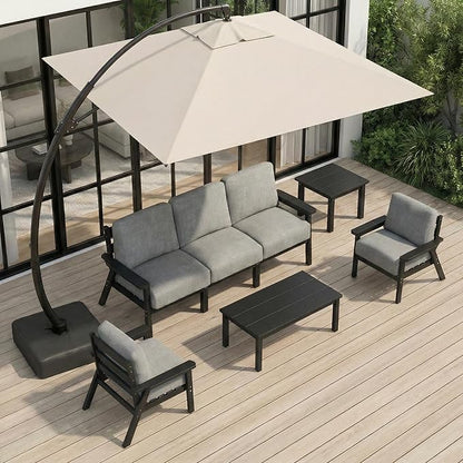 HDPE Patio Furniture Set with Cantilever Umbrella, Outdoor Couch with Washable Thick Gray Cushions & Tables, Outdoor Sectional Furniture for Deck, Lawn, Porch (Black Frame)