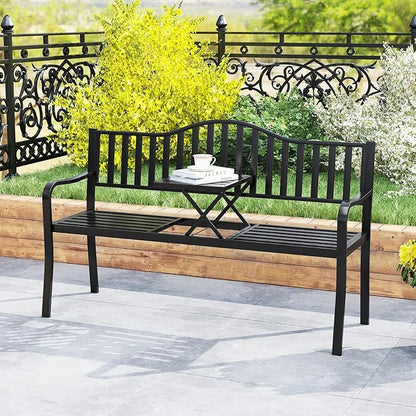 Tangkula 60” Metal Outdoor Garden Park Bench, Heavy-Duty Patio Loveseat Armchair with Pull-Out Center Table, 2-3 Person Park-Style Chair for Backyard, Garden, Balcony, 660 lbs Max Load