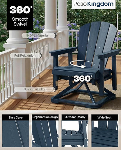 HDPE Outdoor Swivel Glider Chair Set of 2 with Folding Side Table & 9FT Patio Umbrella, Adirondack Wooden Textured Swivel Chairs for Porch, Balcony, Poolside, Backyard (Navy Blue)
