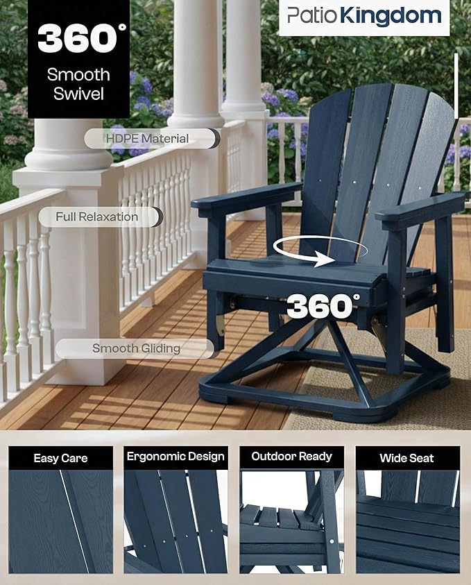 HDPE Swivel Glider Chair Outdoor, Weather Resistant Adirondack Outside Rocking Chair, Wooden Textured Outdoor Swivel Chair Set of 4 for Porch, Balcony, Poolside, Backyard (Navy Blue)