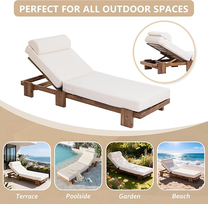 78.8'' Outdoor Patio Chaise Lounge Chair, Acacia Wood Adjustable Recliner with Headrest, Perfect for Terrace, Poolside - Photo 7
