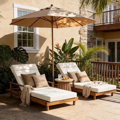 Merax Acacia Wood Outdoor Chaise Lounge Chair Set of 2, Thick 4-Fold Cushion & Headrest, 3-Position Adjustable Backrest, Modern 76.8" L Large Patio Pool Sun Lounger for Garden Beach Yard, Beige+Teak