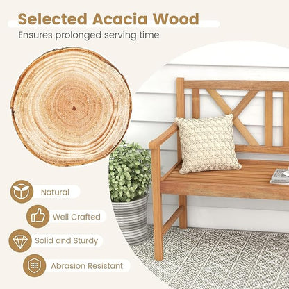 Tangkula Patio Acacia Wood Bench, 2-Person Outdoor Loveseat Chair, Cozy Armrest & Backrest, Sturdy Acacia Wood Frame, Outdoor Slatted Seating Bench for Backyard, Garden, 800 lbs Max Load