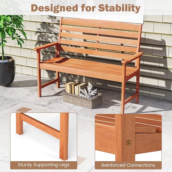 Tangkula Wooden Garden Bench, 2-Person Patio Loveseat with Slatted Backrest and Comfortable Armrests, Outdoor Bench for Porch, Backyard and Park, 530 lbs Weight Capacity