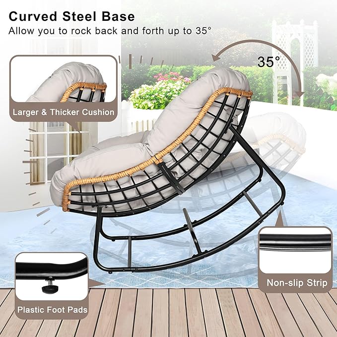 Papasan Chair, Outdoor Rocking Chair with Cushion, 450LB Heavy Duty Egg Chair, Indoor Outdoor Patio Rocking Chairs for Balcony, Porch, Living Room, Bedroom, Lawn, Garden (Light Gray.)