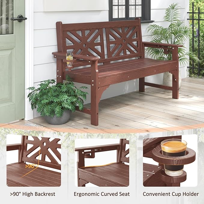 nalone Outdoor Bench with Cup Holders, HDPE All Weather Porch Bench Load up to 800 Lbs - Photo 5