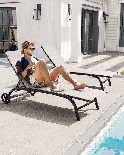 Crestlive Products Outdoor Chaise Lounge Chairs with Wheels Set of 2, Pool Lounge Chairs with 5 Adjustable Position for Patio, Poolside, Yard, Beige