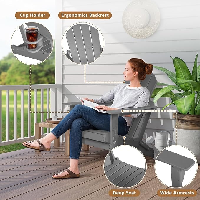Adirondack Chair with Table, Cushion & Cup Holder, HDPE Folding Adirondack Chair with Wood-Like Grain Outdoor Fire Pit Chairs for Patio/Porch/Swimming Pool/Camping(Grey)